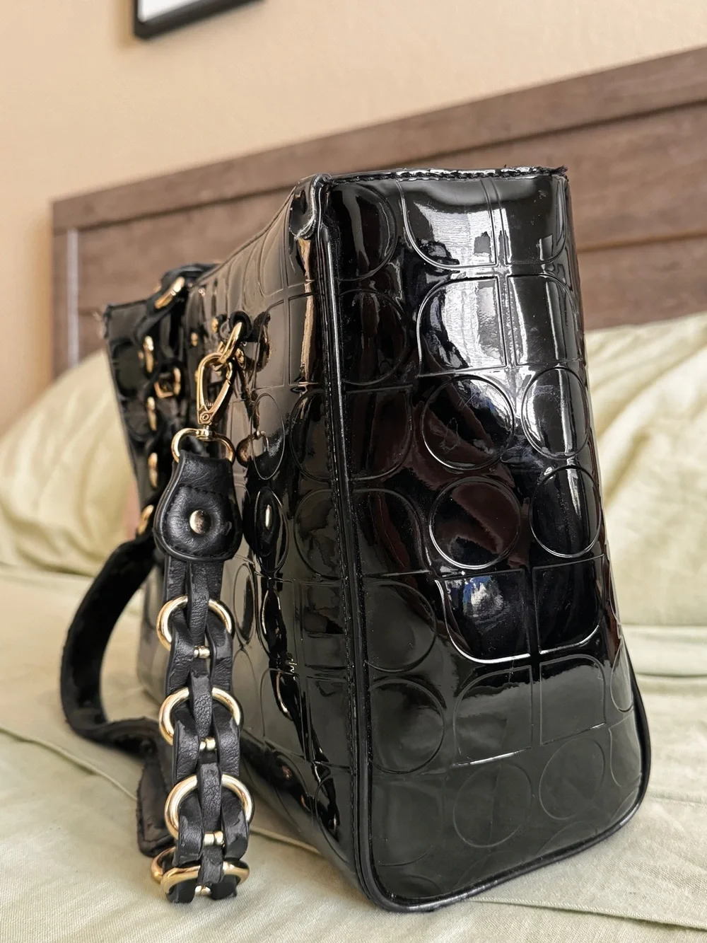 kate spade Black Patent Leather Tote with Quilted Circle Pattern